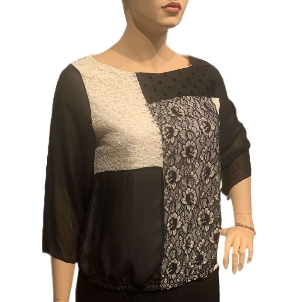 Style & Co Woman Blouse Black Cream Mixed Media Color-Block 3/4 Sleeves Plus 1X - Picture 3 of 8